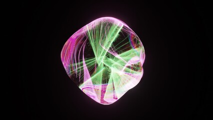 Hypnotic 3D rendering of a luminous abstract droplet with swirling neon light beams in radiant pink and green against a dark background
