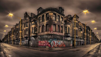 Obraz premium An evocative nighttime photo capturing the essence of urban decay and the passage of time