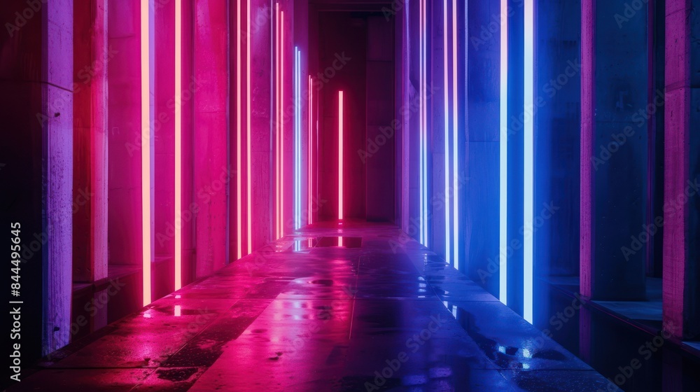 Poster craft an immersive image of neon light installations illuminating an abstract architectural setting.