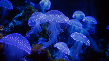 A swarm of bioluminescent jellyfish glowing in the dark