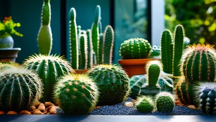 a variety of cacti arranged in a shallow container as an element of garden decoration. they vary in size and shape: some have prominent spines, while others look more rounded.