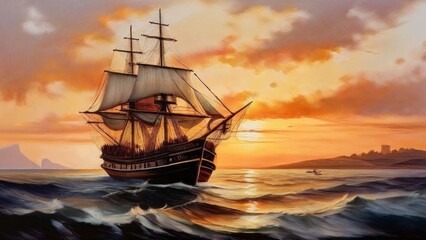 Fototapeta premium a large sailing ship with several unfurled sails floating on the waves of the sea. Warm colors are seen in the sky, which could indicate dawn or dusk.
