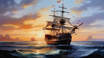 Obraz premium a large sailing ship with several unfurled sails floating on the waves of the sea. Warm colors are seen in the sky, which could indicate dawn or dusk.