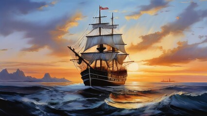 Fototapeta premium a large sailing ship with several unfurled sails floating on the waves of the sea. Warm colors are seen in the sky, which could indicate dawn or dusk.