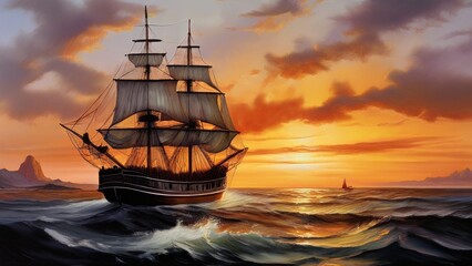 Obraz premium a large sailing ship with several unfurled sails floating on the waves of the sea. Warm colors are seen in the sky, which could indicate dawn or dusk.