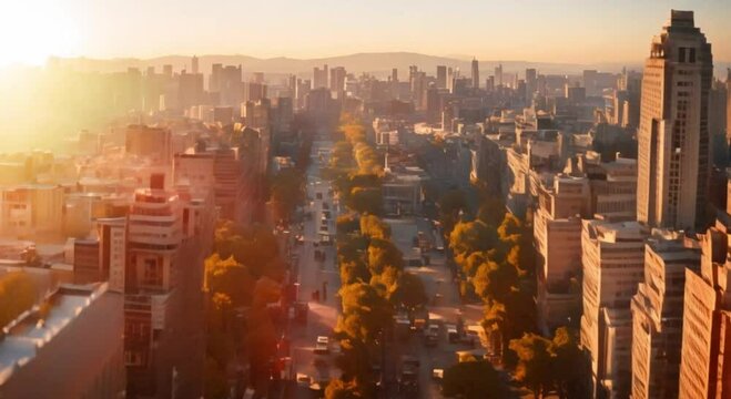 Beautiful 3D sunset animation Future city in slow motion