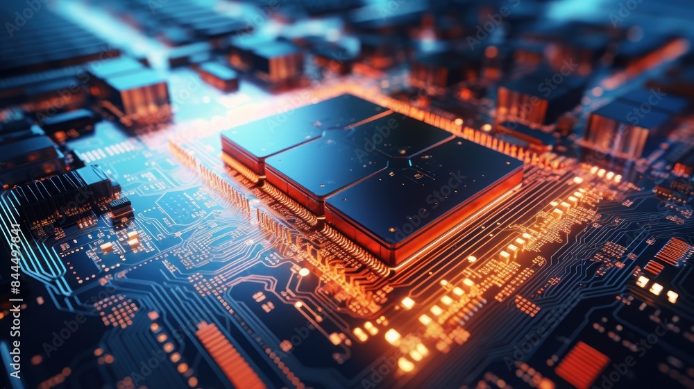 Poster a 3d animated server processing circuit board lights up in orange, red, and blue, with a futuristic 