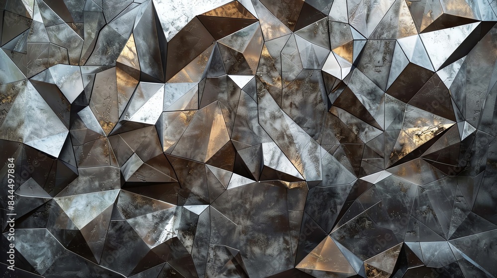 Poster dark and reflective geometric shapes create an abstract background with a futuristic feel.