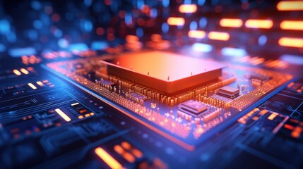 A 3D animated server processing circuit board lights up in orange, red, and blue, with a futuristic bokeh background, showcasing advanced technology. Realistic, copy space, High quality photos