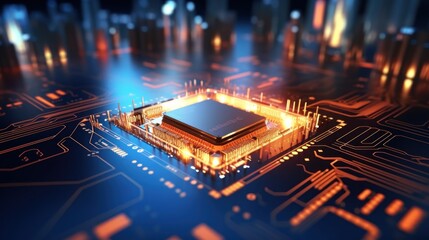 A 3D animated server processing circuit board lights up in orange, red, and blue, with a futuristic bokeh background, showcasing advanced technology. Realistic, copy space, High quality photos