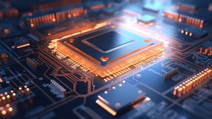 A 3D animated server processing circuit board lights up in orange, red, and blue, with a futuristic bokeh background, showcasing advanced technology. Realistic, copy space, High quality photos