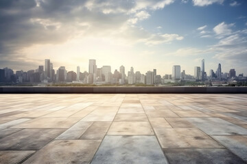 Empty concrete floor with city skyline