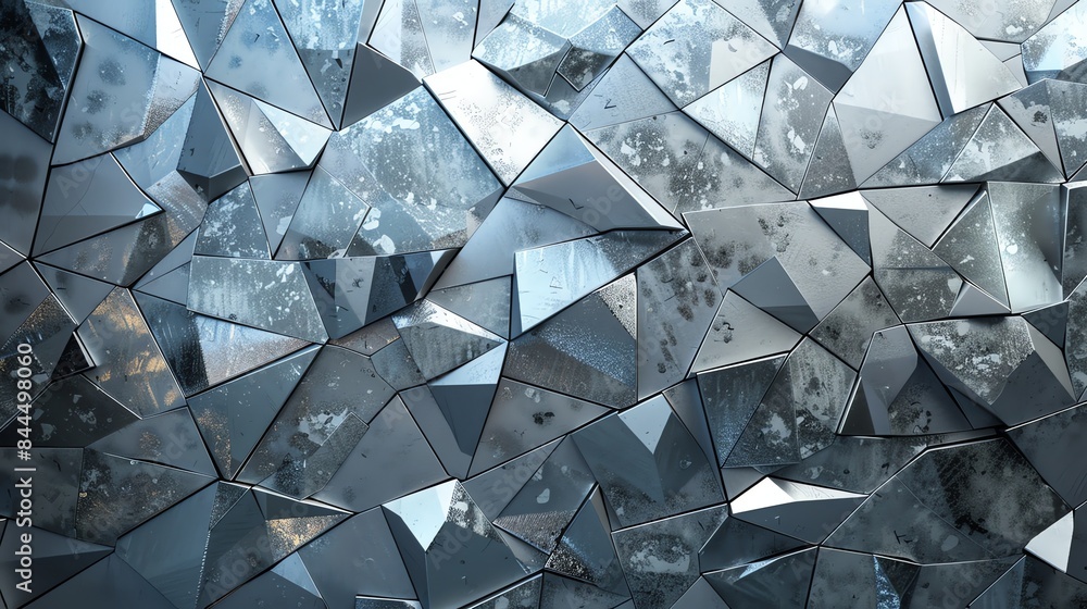 Poster a fragmented mosaic of geometric shapes with a metallic sheen, creating an abstract yet captivating 