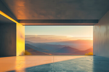 Fototapeta premium A minimalist room with a single window showcasing a breathtaking mountain sunrise casting long shadows across the room