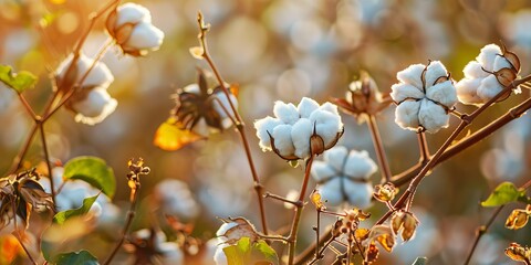 Fototapeta premium Cotton Bolls in a Field During Golden Hour