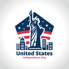 America 4th of July Independence Day Logo with USA Icons. Statue of Liberty, Fireworks, Stars, Flags. Isolated Vector Illustration © cochisevisuals
