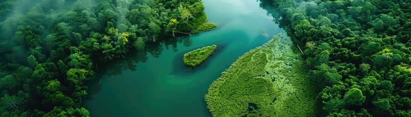 Aerial view of a lush green tropical rainforest surrounding a tranquil blue river, showcasing the beauty of nature and wilderness.