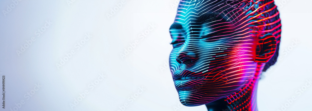 Poster a woman's face is shown in a computer generated image. the face is made up of many small dots, givin