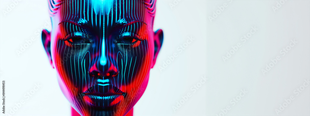 Poster a woman's face is shown in a computer generated image. the face is made up of many lines and is very