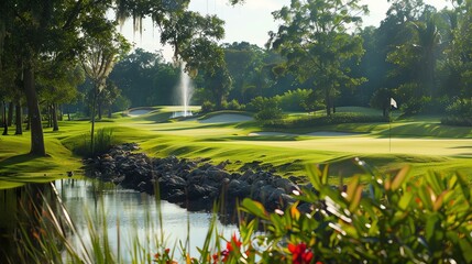 Obraz premium A beautiful golf course on a sunny day. The green fairways are surrounded by lush trees, and a sparkling fountain adds to the tranquil setting.