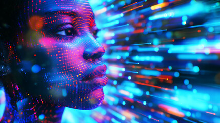 Woman's face is projected onto a screen with a colorful background. Futuristic technology. Hologram of the black woman face composed of vibrant digital pixels against the glowing digital data streams