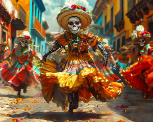 A vibrant street festival with dancers in ornate masks defying heavily armed cartel enforcers Suggests rebellion expressed through art and tradition