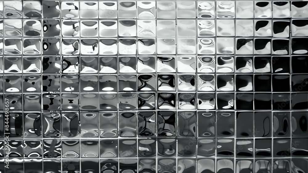 Poster black and white glass mosaic tiles with a glossy finish. the tiles are arranged in a grid pattern an