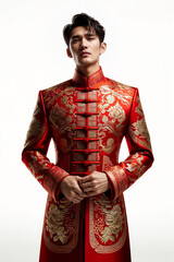 Portrait of a handsome man wearing traditional Chinese New Year attire, isolated on a white background