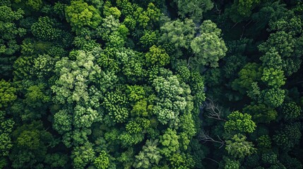 Naklejka premium Aerial view of a lush green forest canopy, highlighting the natural beauty and dense foliage of the trees.
