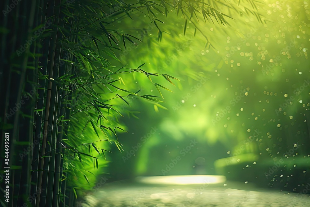 Poster Serene pathway through a lush green bamboo forest with rays of sunlight filtering through and particles floating in the air.