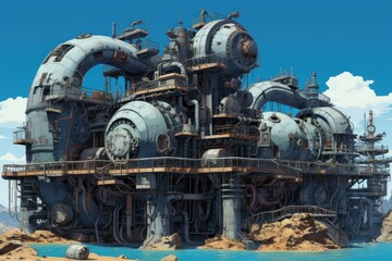 Fototapeta premium Digital illustration of an advanced, massive industrial complex in a barren desert landscape