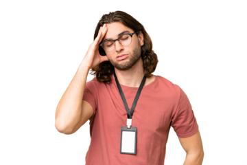 Young handsome man with ID card over isolated background with headache