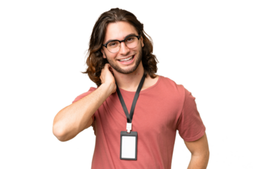 Young handsome man with ID card over isolated background laughing