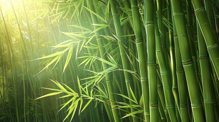 Serene bamboo forest with sunlight filtering through. Green bamboo stems and leaves create a calming and natural atmosphere in this beautiful scene.