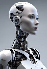 Futuristic humanoid robot, android, AI, female, head, profile, white, black, plain background