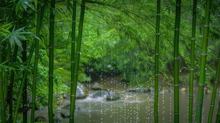 Fototapeta premium Serene bamboo forest with gentle rain and tranquil stream, perfect for nature lovers and relaxation visuals.