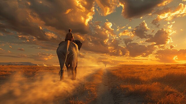 Embark on a thrilling safari adventure as an elephant gracefully crosses a shallow river in the savanna, carrying a rider on its back, capturing the unique bond between human