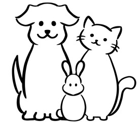 アイコン素材や挿絵に使える黒い線で描いたシンプルで可愛い犬うさぎ猫のシルエットイラストセット