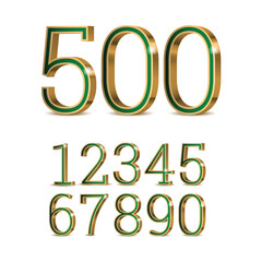 3d green numbers with golden outline. Symbol set. Vector illustration