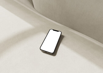 Phone copy space mock up with blank screen on living room, boho styled interior design aesthetic for blog, web, social media template