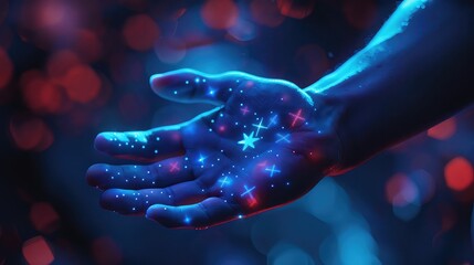 Hand with luminous five-star rating, photo-realistic, high-tech design, cool blue tones, bokeh blurred background