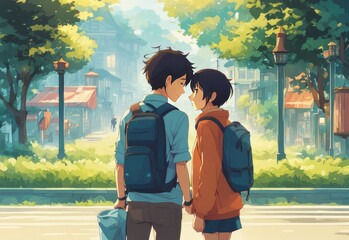 illustration of a boy falling in love with a girl. cartoon and anime style