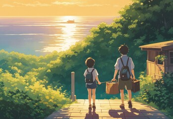 illustration of a boy falling in love with a girl. cartoon and anime style