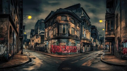 Obraz premium Stunning nighttime cityscape photos, seamlessly blending old and new architectural styles. The buildings, decorated with vibrant graffiti