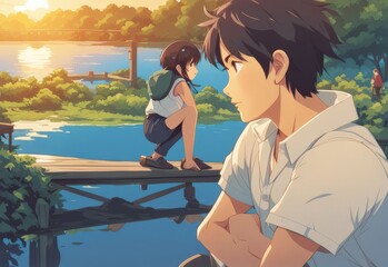 illustration of a boy falling in love with a girl. cartoon and anime style
