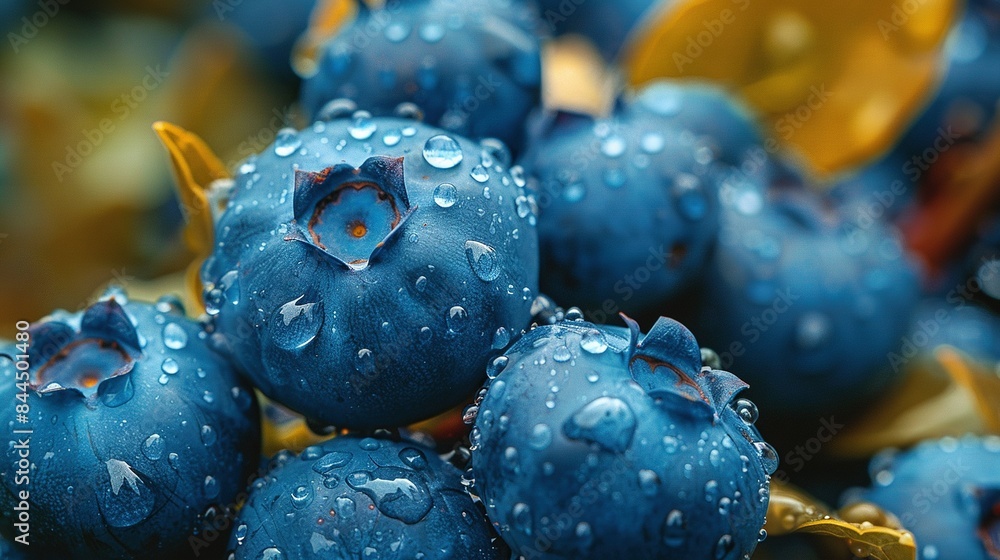 Sticker a picture of blueberries with droplets of water and a yellow leaf in the center