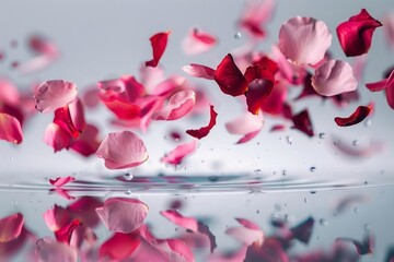 A maroon and pink rose petal drop with petals frozen in time as they fall onto a reflective glass surface