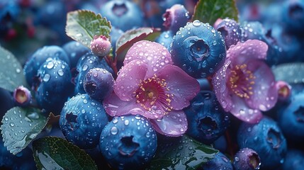  A detailed image of blueberries with water droplets and a nearby pink flower surrounded by green foliage