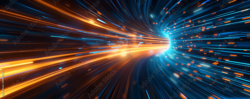 Poster digital data and information flow background with blue and orange glowing light rays, abstract digit