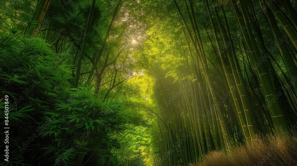 Poster serene bamboo forest with lush green leaves and sunlight filtering through, creating a tranquil and 